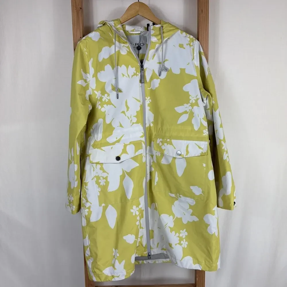 NWT C.RO Denmark Yellow Floral Rain Jacket Size Medium Hooded Knee Length Coat - Picture 1 of 5